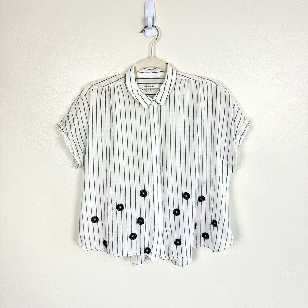 Madewell White Black Stripe Embroidered Crop Button Up Shirt Boho Linen Cotton